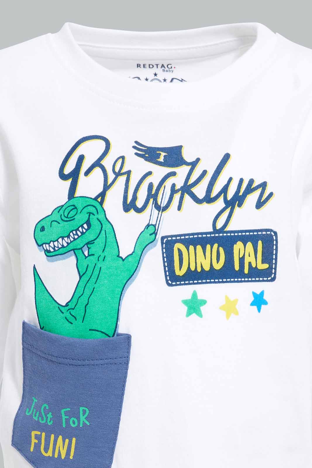 Redtag-White-Brooklyn-Dino-With-Blue-Bottom-Pj-Set-(2-Pack)-Category:Pyjama-Sets,-Colour:White,-Deals:New-In,-Filter:Infant-Boys-(3-to-24-Mths),-INB-Pyjama-Sets,-New-In-INB-APL,-Non-Sale,-Section:Boys-(0-to-14Yrs),-W22A-Infant-Boys-3 to 24 Months