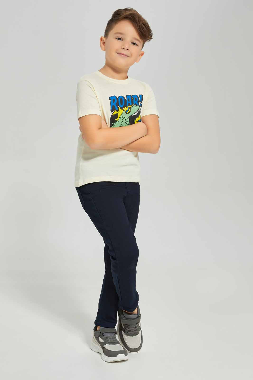 Redtag-Cream-short-sleeve-graphic-t-shirt-BOY-T-Shirts,-Category:T-Shirts,-Colour:Cream,-Deals:New-In,-Dept:Boys,-Filter:Boys-(2-to-8-Yrs),-New-In-BOY-APL,-Non-Sale,-Section:Boys-(0-to-14Yrs),-TBL,-W22A-Boys-2 to 8 Years