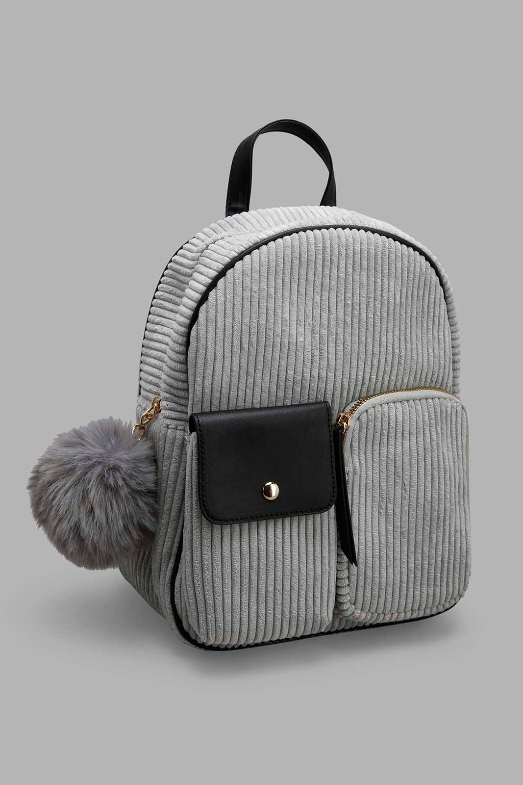 Redtag-Grey-Coudry-Backpack-With-Pom-Pom-Category:Bags,-Colour:Grey,-Filter:Girls-Accessories,-GIR-Bags,-New-In,-New-In-GIR-ACC,-Non-Sale,-Section:Girls-(0-to-14Yrs),-W22B-Girls-