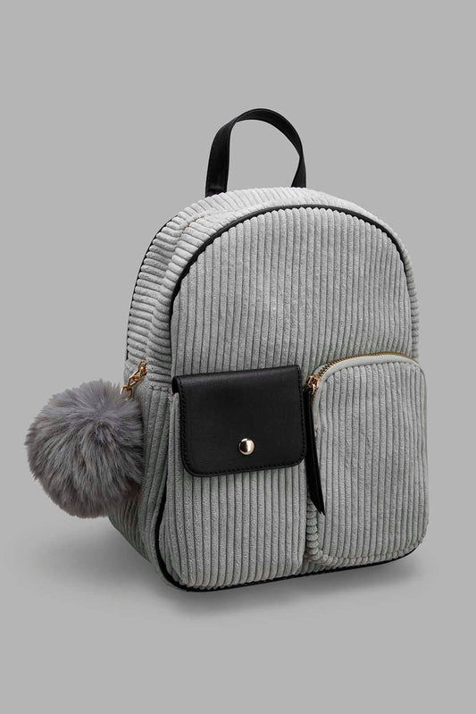 Redtag-Grey-Coudry-Backpack-With-Pom-Pom-Category:Bags,-Colour:Grey,-Filter:Girls-Accessories,-GIR-Bags,-New-In,-New-In-GIR-ACC,-Non-Sale,-Section:Girls-(0-to-14Yrs),-W22B-Girls-