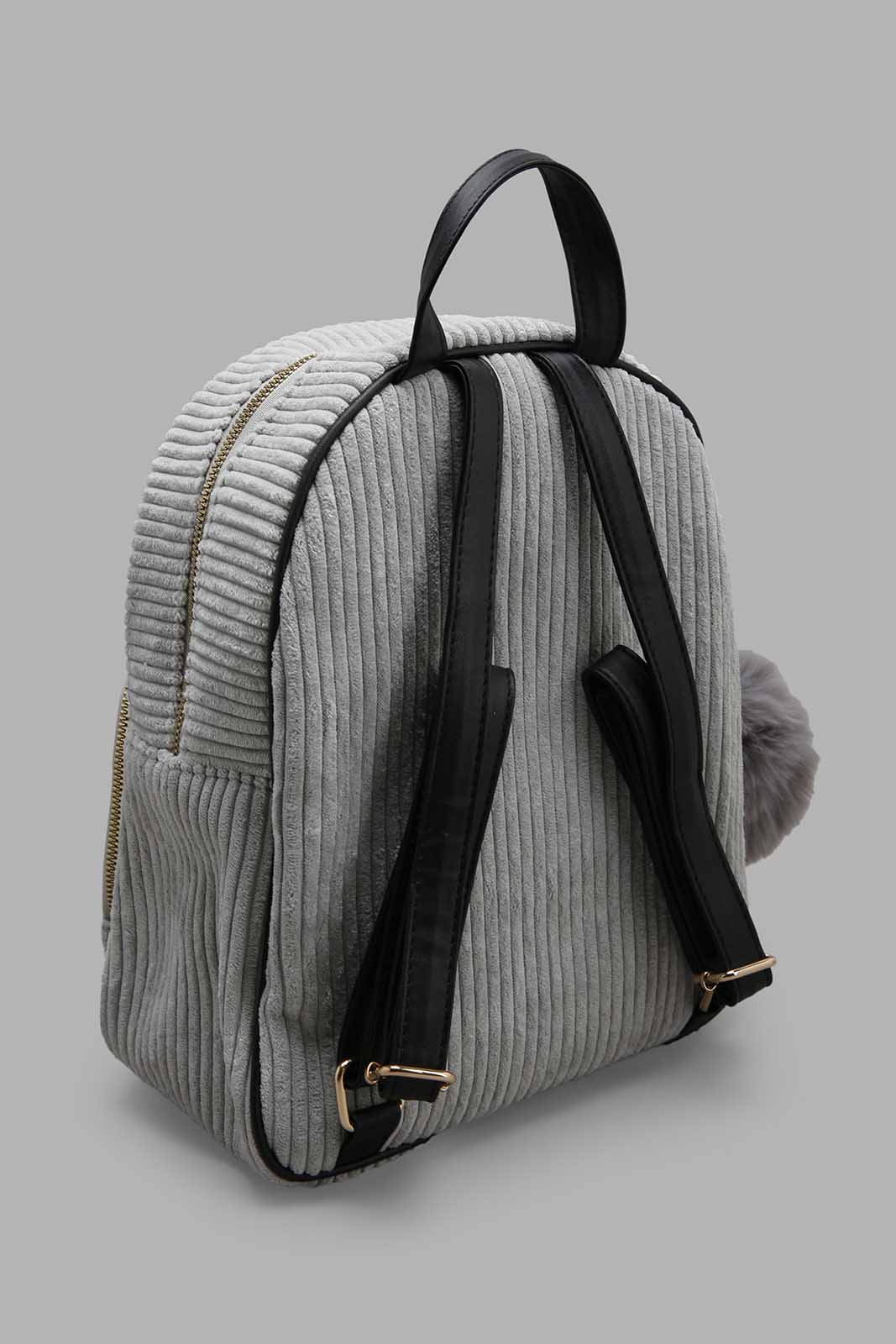 Redtag-Grey-Coudry-Backpack-With-Pom-Pom-Category:Bags,-Colour:Grey,-Filter:Girls-Accessories,-GIR-Bags,-New-In,-New-In-GIR-ACC,-Non-Sale,-Section:Girls-(0-to-14Yrs),-W22B-Girls-