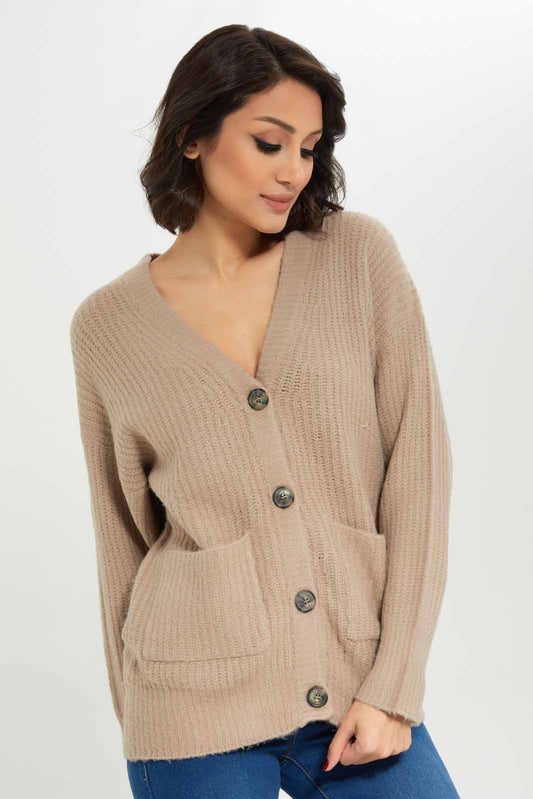 Redtag-Brown-Button-Front-Cardigan-Category:Cardigans,-Colour:Brown,-Deals:New-In,-Dept:Ladieswear,-EHW,-Filter:Women's-Clothing,-New-In-Women-APL,-Non-Sale,-Section:Women,-W22B,-Women-Cardigans-Women's-