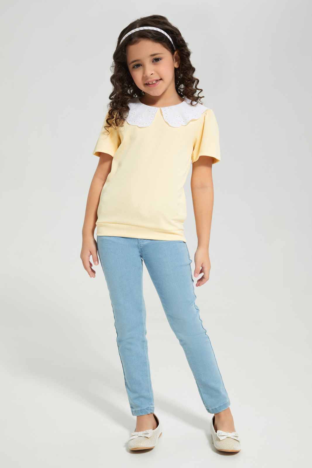 Redtag-Yellow-Embellished-T-shirt-Category:T-Shirts,-Colour:Yellow,-Deals:New-In,-Filter:Girls-(2-to-8-Yrs),-GIR-T-Shirts,-New-In-GIR-APL,-Non-Sale,-Section:Girls-(0-to-14Yrs),-W22A-Girls-2 to 8 Years