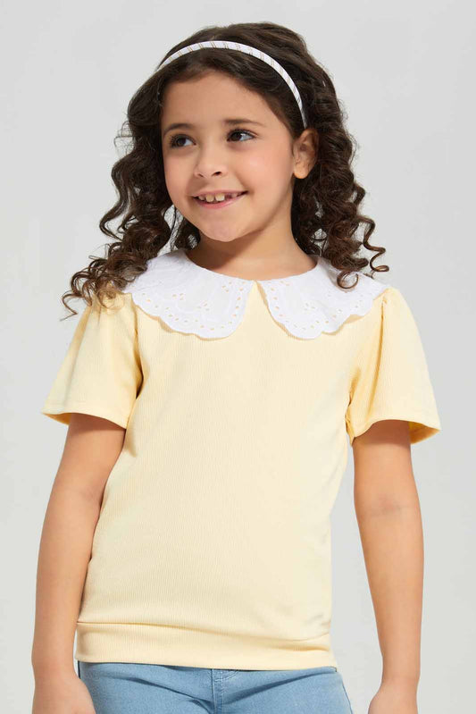 Redtag-Yellow-Embellished-T-shirt-Category:T-Shirts,-Colour:Yellow,-Deals:New-In,-Filter:Girls-(2-to-8-Yrs),-GIR-T-Shirts,-New-In-GIR-APL,-Non-Sale,-Section:Girls-(0-to-14Yrs),-W22A-Girls-2 to 8 Years