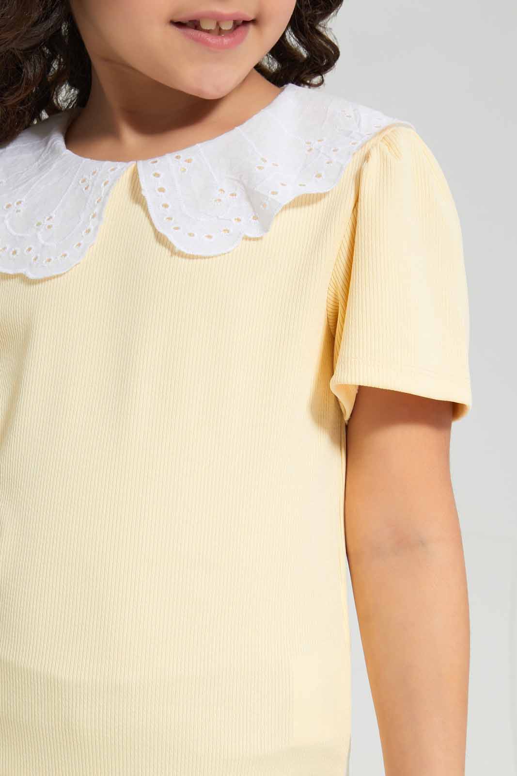 Redtag-Yellow-Embellished-T-shirt-Category:T-Shirts,-Colour:Yellow,-Deals:New-In,-Filter:Girls-(2-to-8-Yrs),-GIR-T-Shirts,-New-In-GIR-APL,-Non-Sale,-Section:Girls-(0-to-14Yrs),-W22A-Girls-2 to 8 Years