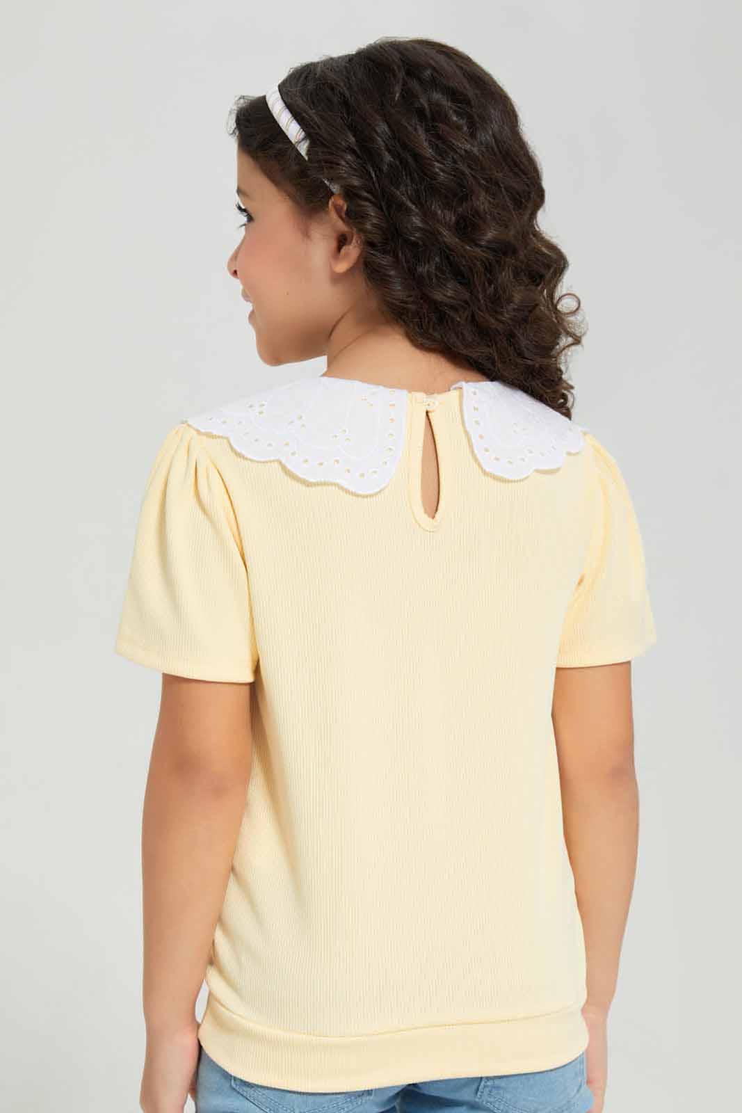 Redtag-Yellow-Embellished-T-shirt-Category:T-Shirts,-Colour:Yellow,-Deals:New-In,-Filter:Girls-(2-to-8-Yrs),-GIR-T-Shirts,-New-In-GIR-APL,-Non-Sale,-Section:Girls-(0-to-14Yrs),-W22A-Girls-2 to 8 Years