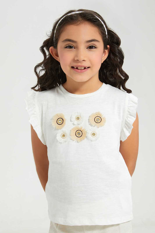 Redtag-White-Embellished-T-shirt-Category:T-Shirts,-Colour:White,-Deals:New-In,-Filter:Girls-(2-to-8-Yrs),-GIR-T-Shirts,-New-In-GIR-APL,-Non-Sale,-Section:Girls-(0-to-14Yrs),-W22A-Girls-2 to 8 Years