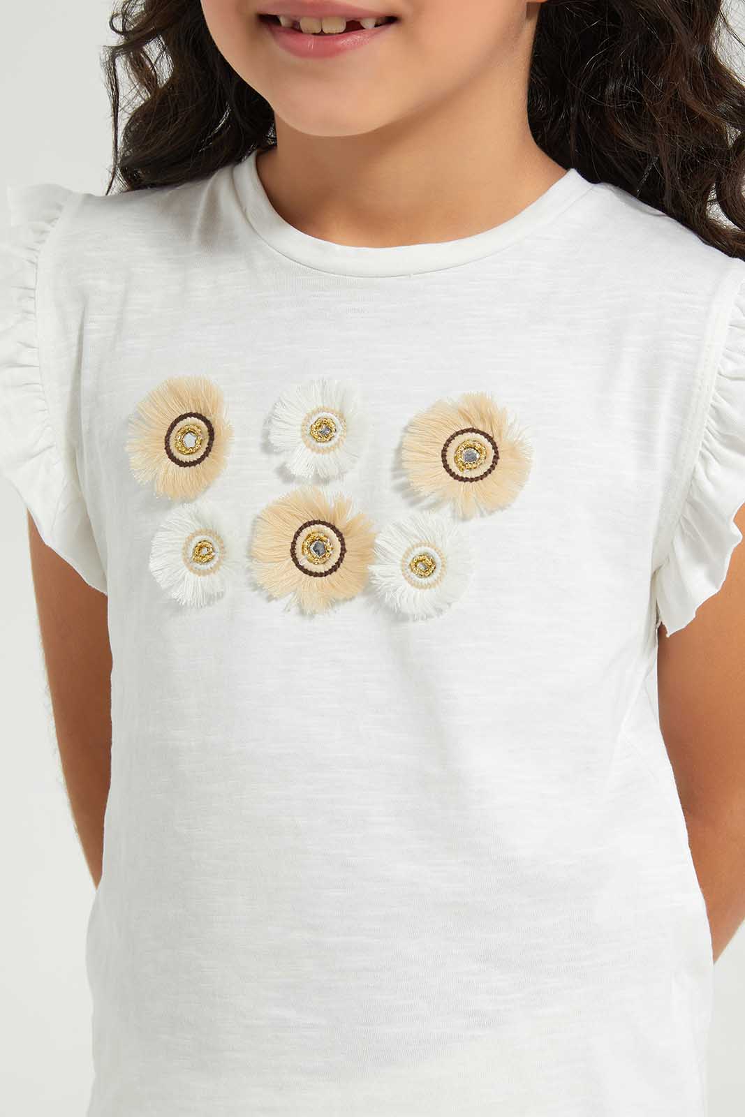 Redtag-White-Embellished-T-shirt-Category:T-Shirts,-Colour:White,-Deals:New-In,-Filter:Girls-(2-to-8-Yrs),-GIR-T-Shirts,-New-In-GIR-APL,-Non-Sale,-Section:Girls-(0-to-14Yrs),-W22A-Girls-2 to 8 Years