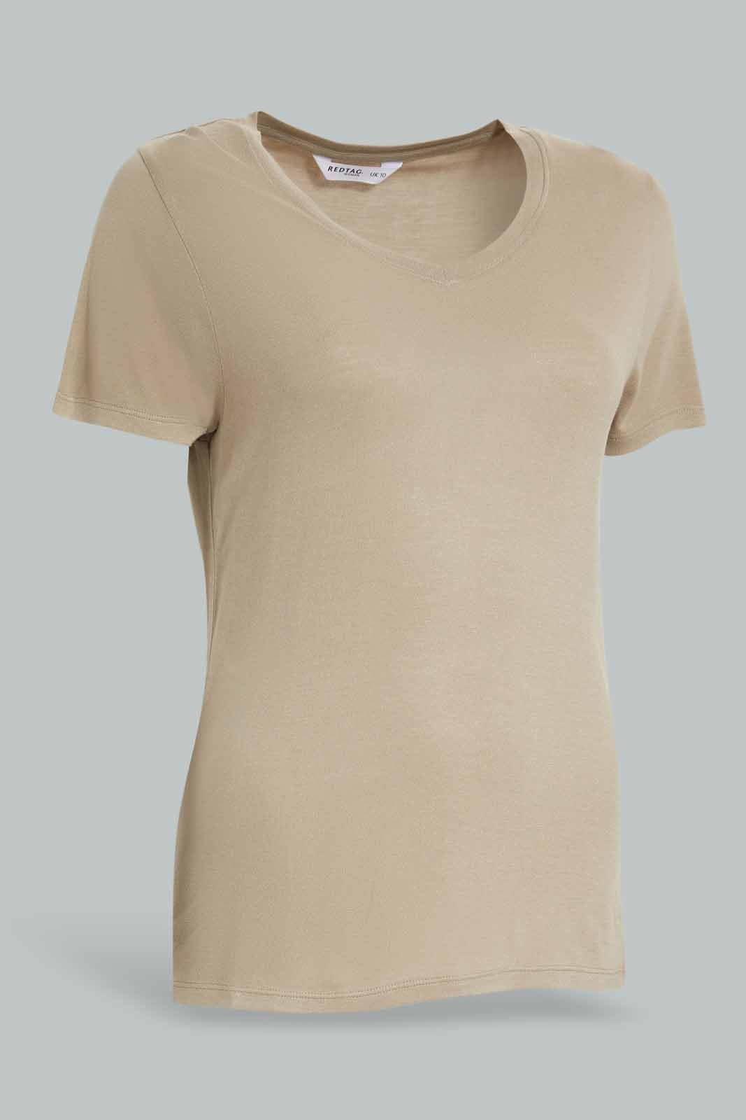 Redtag-Sage-Short-Sleeve-V--Neck-T-Shirt-Category:T-Shirts,-Colour:Olive,-Deals:New-In,-Filter:Women's-Clothing,-New-In-Women-APL,-Non-Sale,-Section:Women,-TBL,-W22A,-Women-T-Shirts-Women's-