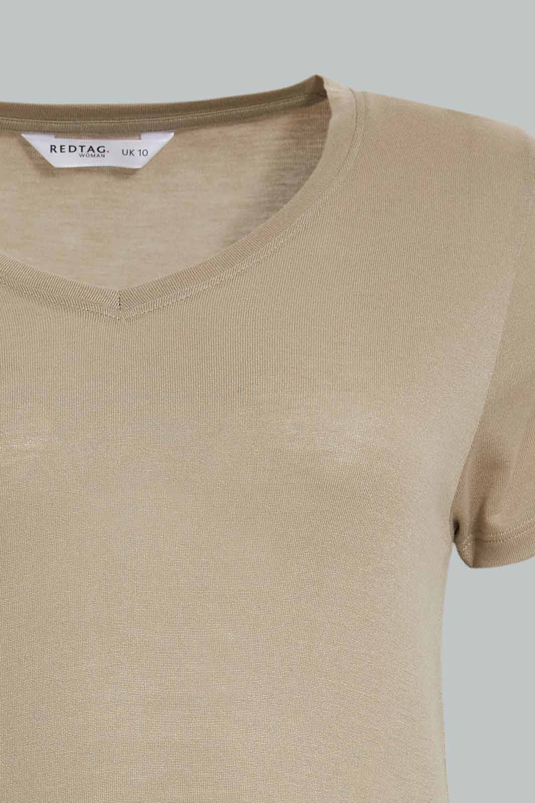 Redtag-Sage-Short-Sleeve-V--Neck-T-Shirt-Category:T-Shirts,-Colour:Olive,-Deals:New-In,-Filter:Women's-Clothing,-New-In-Women-APL,-Non-Sale,-Section:Women,-TBL,-W22A,-Women-T-Shirts-Women's-
