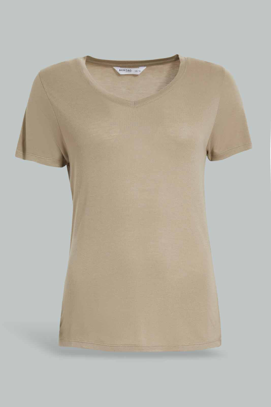 Redtag-Sage-Short-Sleeve-V--Neck-T-Shirt-Category:T-Shirts,-Colour:Olive,-Deals:New-In,-Filter:Women's-Clothing,-New-In-Women-APL,-Non-Sale,-Section:Women,-TBL,-W22A,-Women-T-Shirts-Women's-
