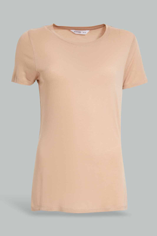 Redtag-Nude-Short-Sleeve-Crew-Neck-T-Shirt-Category:T-Shirts,-Colour:Beige,-Deals:New-In,-Filter:Women's-Clothing,-New-In-Women-APL,-Non-Sale,-Section:Women,-TBL,-W22A,-Women-T-Shirts-Women's-