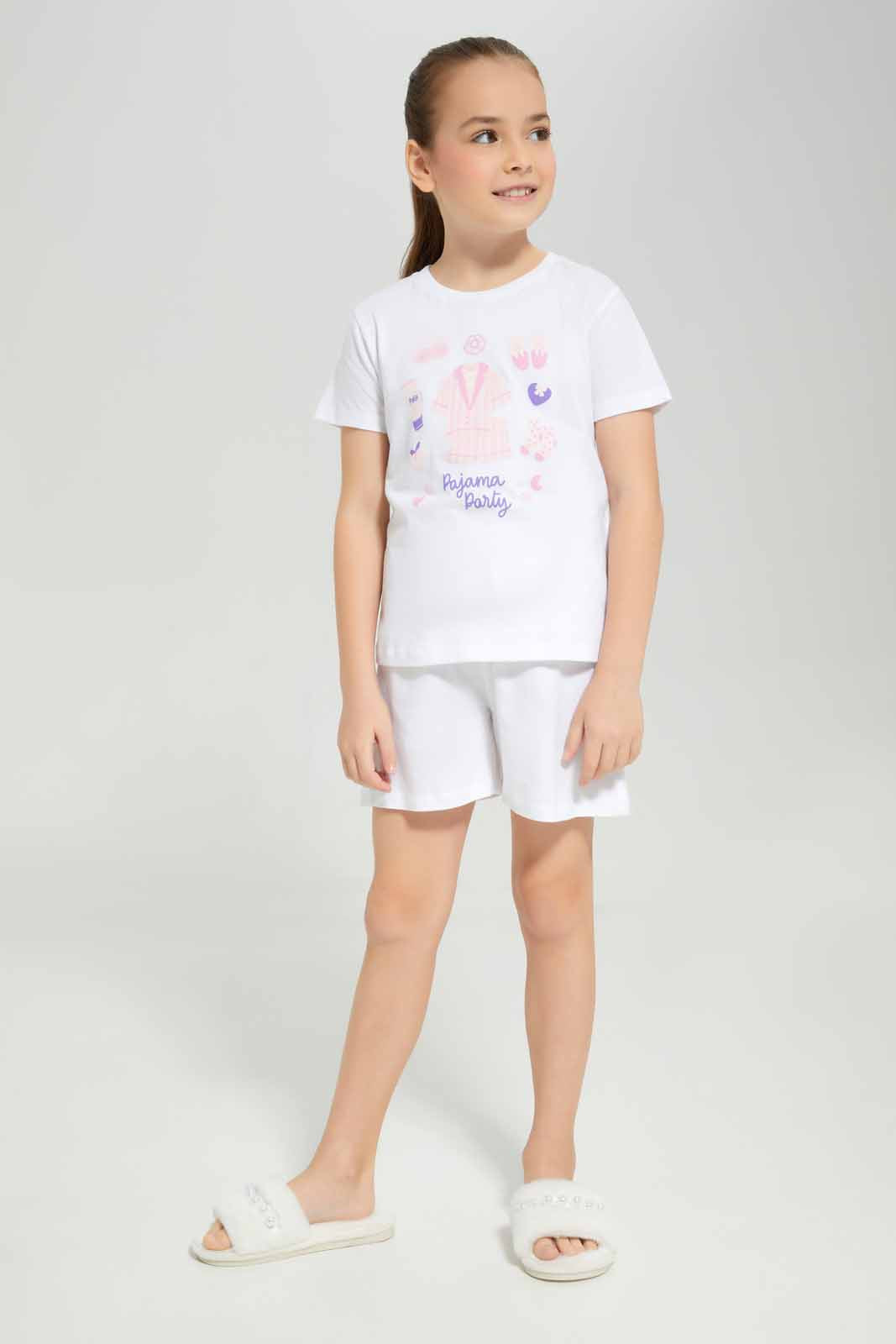Redtag-White-Print-SS-PJ-Category:Pyjama-Sets,-Colour:White,-Deals:New-In,-Filter:Girls-(2-to-8-Yrs),-GIR-Pyjama-Sets,-New-In-GIR-APL,-Non-Sale,-Section:Girls-(0-to-14Yrs),-W22A-Girls-2 to 8 Years