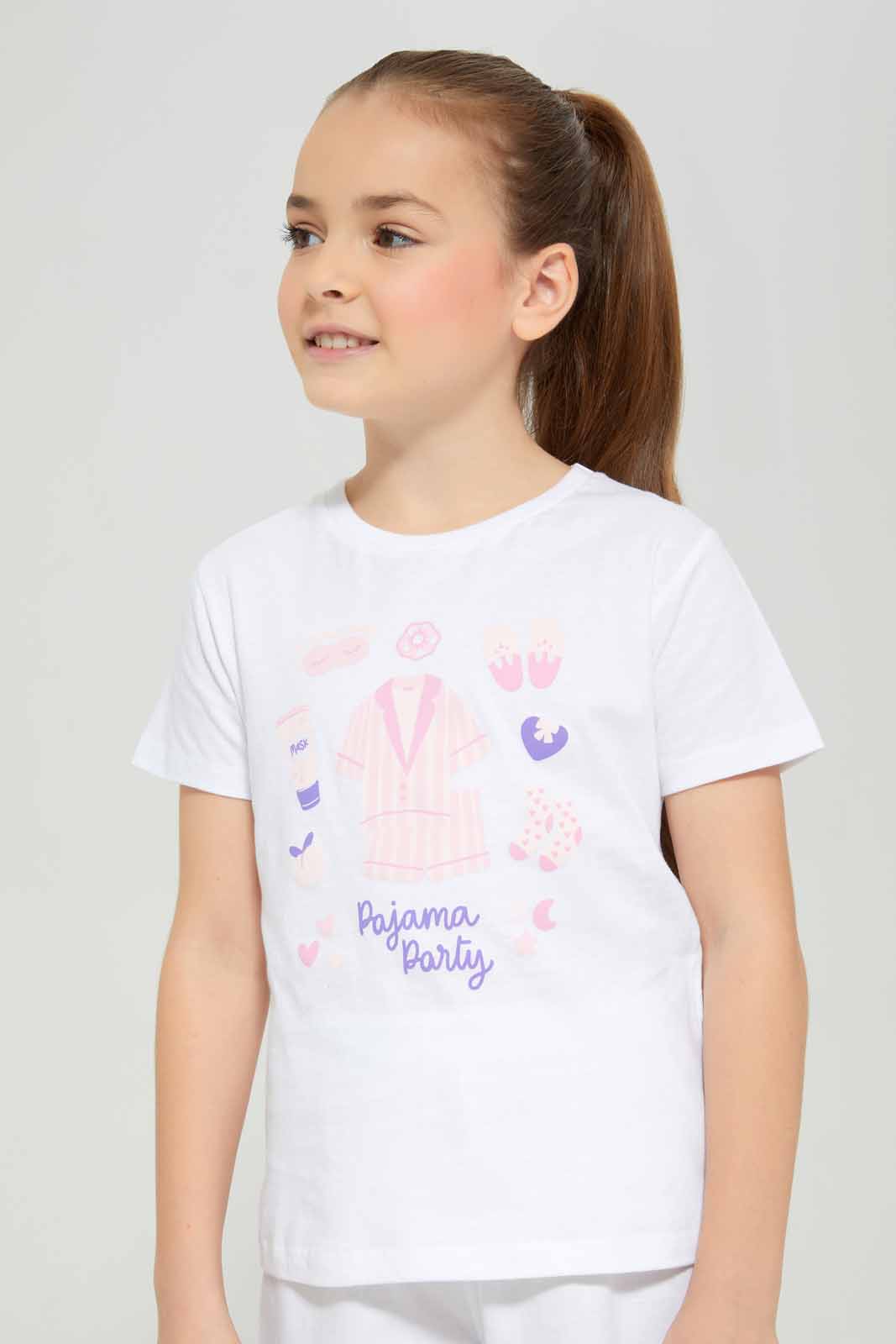 Redtag-White-Print-SS-PJ-Category:Pyjama-Sets,-Colour:White,-Deals:New-In,-Filter:Girls-(2-to-8-Yrs),-GIR-Pyjama-Sets,-New-In-GIR-APL,-Non-Sale,-Section:Girls-(0-to-14Yrs),-W22A-Girls-2 to 8 Years