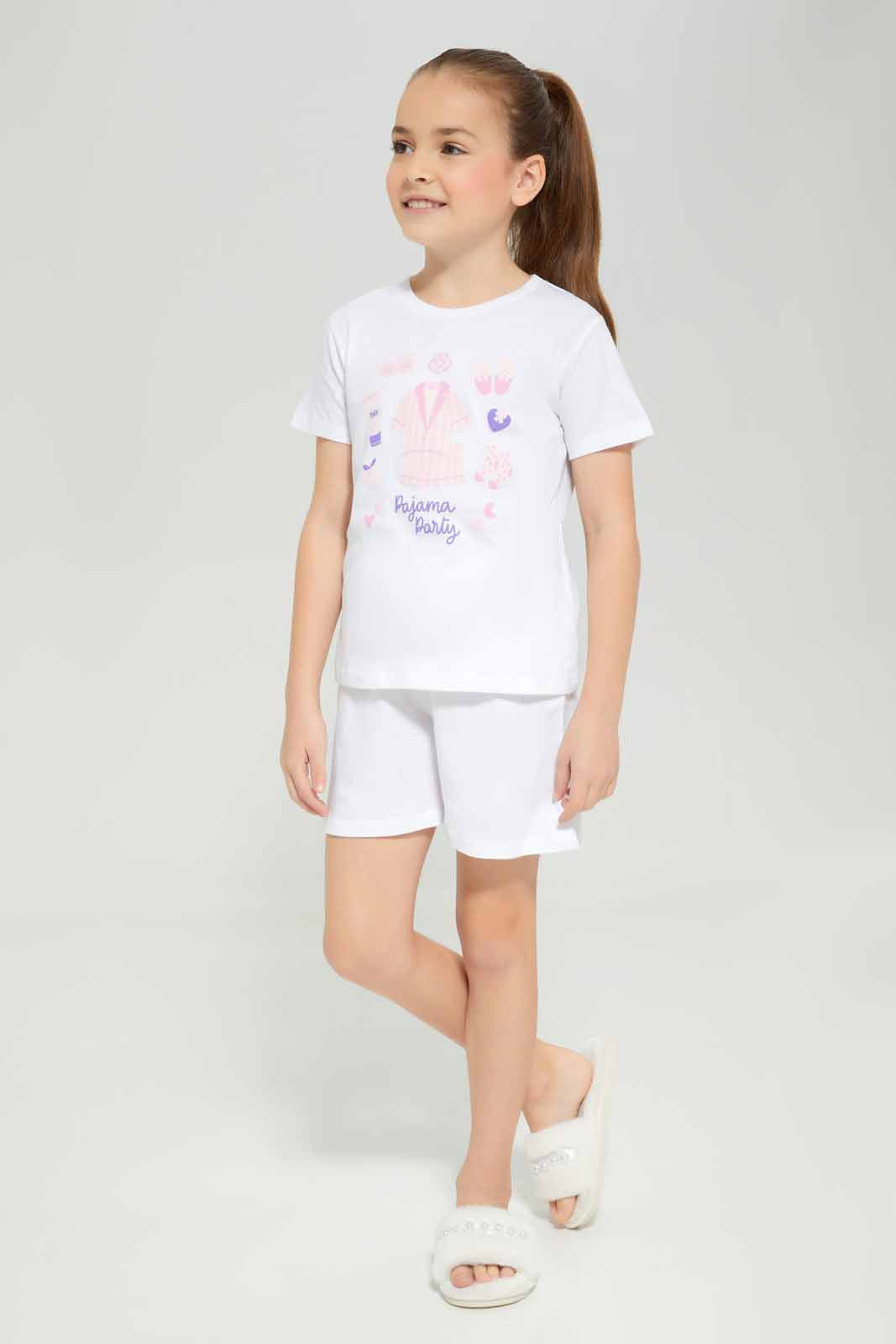 Redtag-White-Print-SS-PJ-Category:Pyjama-Sets,-Colour:White,-Deals:New-In,-Filter:Girls-(2-to-8-Yrs),-GIR-Pyjama-Sets,-New-In-GIR-APL,-Non-Sale,-Section:Girls-(0-to-14Yrs),-W22A-Girls-2 to 8 Years
