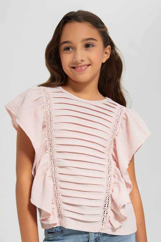 Redtag-Pink-T-shirt-With-Front-Pleats-Category:T-Shirts,-Colour:Apricot,-Deals:New-In,-Filter:Girls-(2-to-8-Yrs),-GIR-T-Shirts,-New-In-GIR-APL,-Non-Sale,-Section:Girls-(0-to-14Yrs),-W22A-Girls-2 to 8 Years