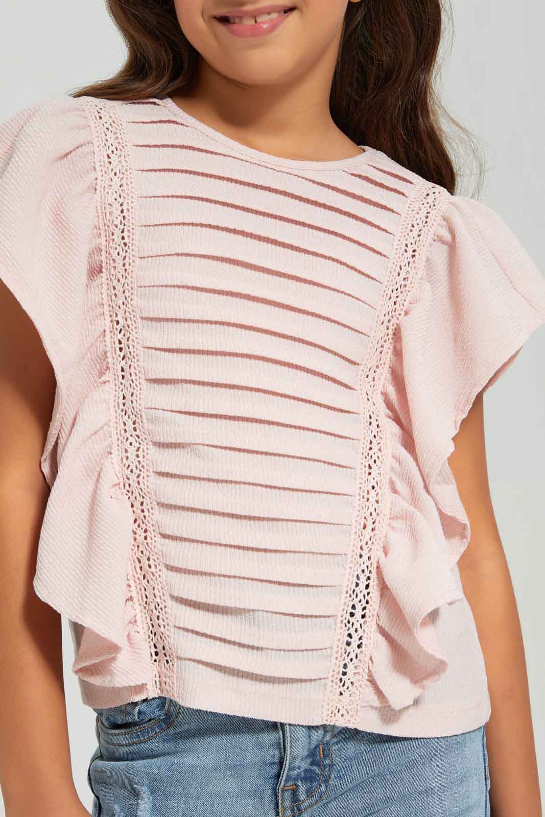 Redtag-Pink-T-shirt-With-Front-Pleats-Category:T-Shirts,-Colour:Apricot,-Deals:New-In,-Filter:Girls-(2-to-8-Yrs),-GIR-T-Shirts,-New-In-GIR-APL,-Non-Sale,-Section:Girls-(0-to-14Yrs),-W22A-Girls-2 to 8 Years