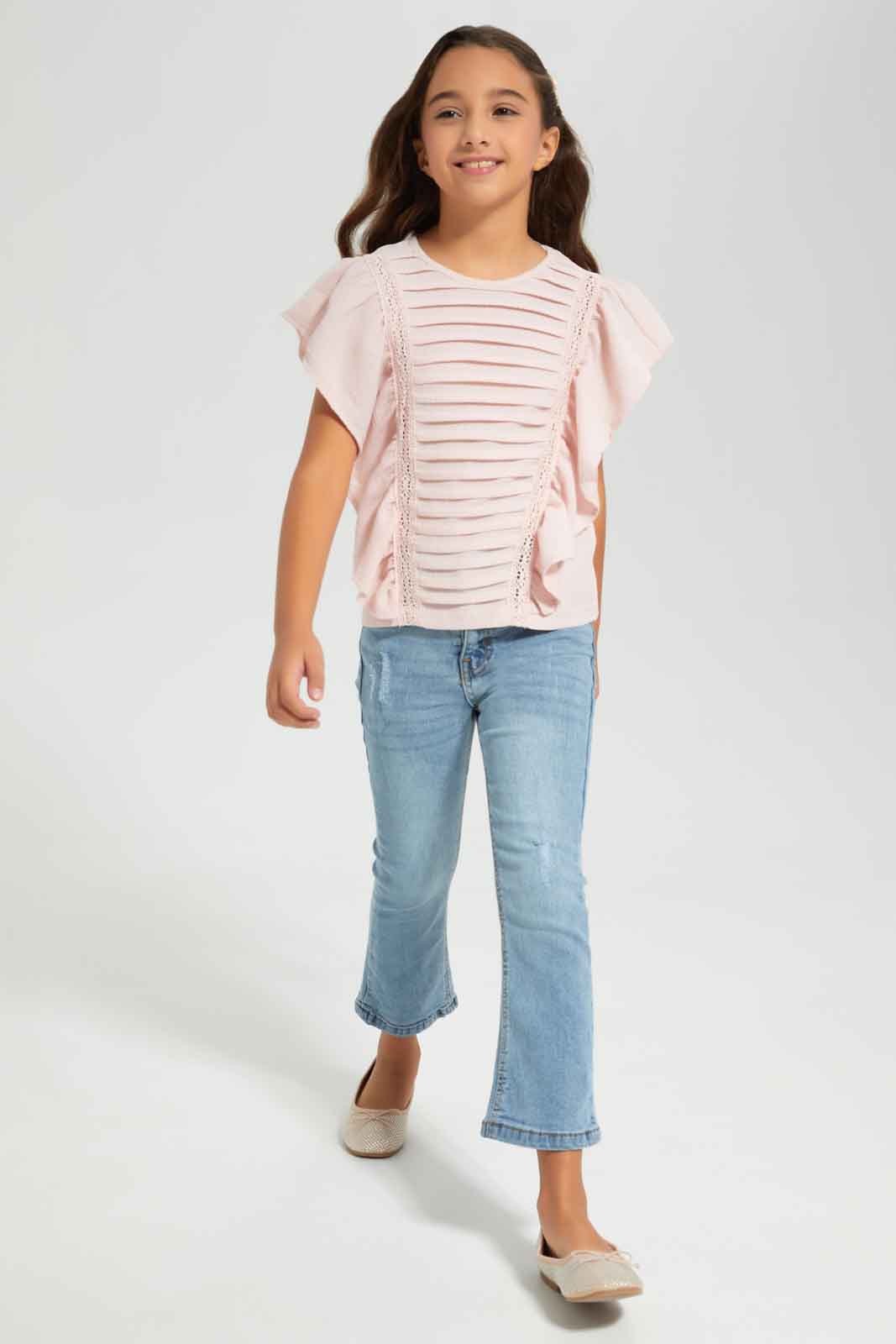 Redtag-Pink-T-shirt-With-Front-Pleats-Category:T-Shirts,-Colour:Apricot,-Deals:New-In,-Filter:Girls-(2-to-8-Yrs),-GIR-T-Shirts,-New-In-GIR-APL,-Non-Sale,-Section:Girls-(0-to-14Yrs),-W22A-Girls-2 to 8 Years