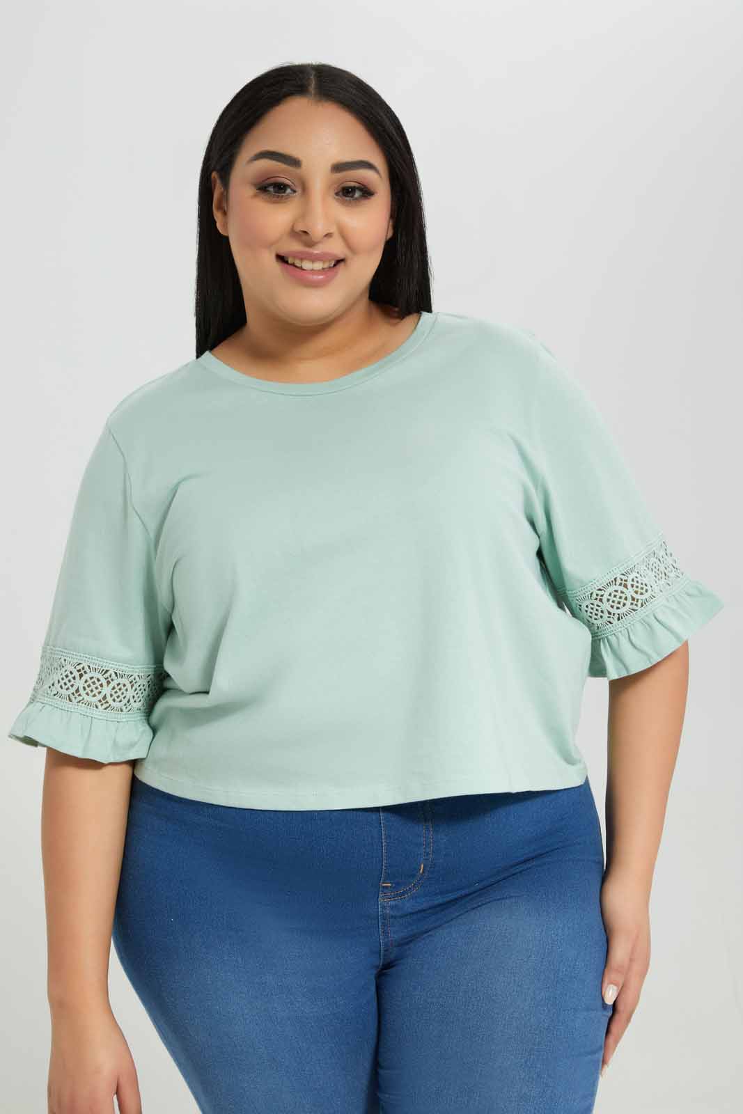 Redtag-Mint-Knit-Top-With-Lace-Detail-At-Sleeve-Category:Tops,-Colour:Mint,-Deals:New-In,-Filter:Plus-Size,-LDP-Tops,-New-In-LDP-APL,-Non-Sale,-Section:Women,-W22A-Women's-