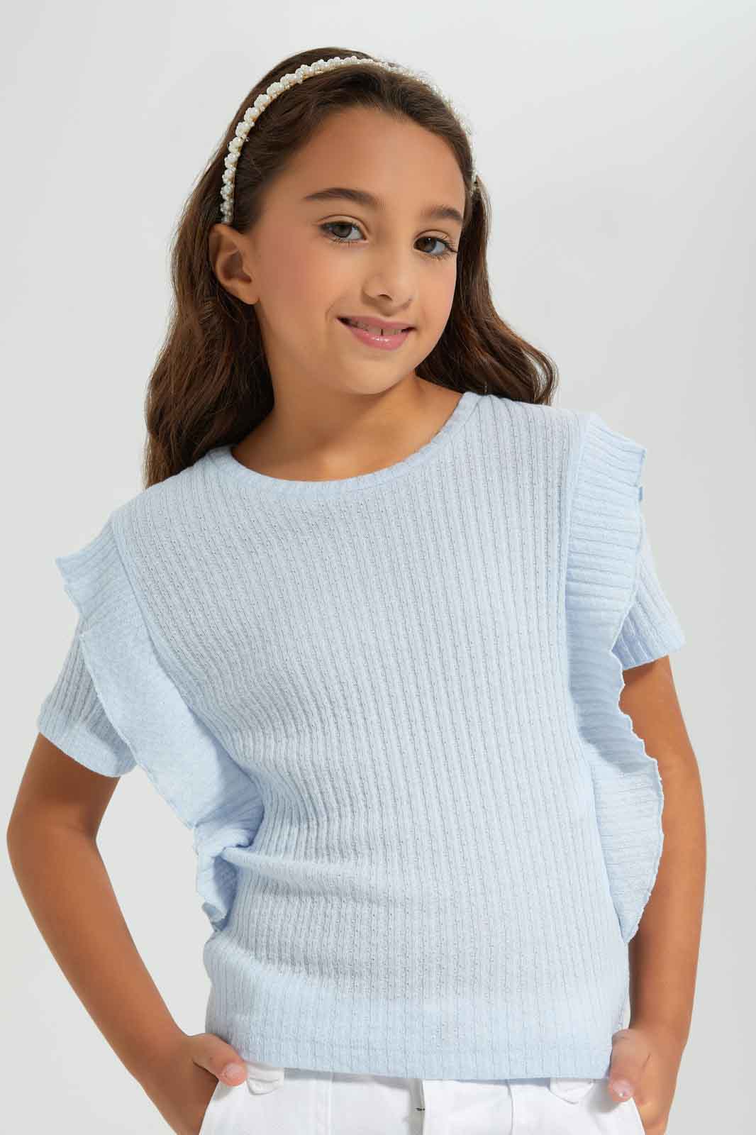 Redtag-Blue-T-Shirt-With-Front-Pleats-Category:T-Shirts,-Colour:Blue,-Deals:New-In,-Filter:Girls-(2-to-8-Yrs),-GIR-T-Shirts,-New-In-GIR-APL,-Non-Sale,-Section:Girls-(0-to-14Yrs),-W22A-Girls-2 to 8 Years