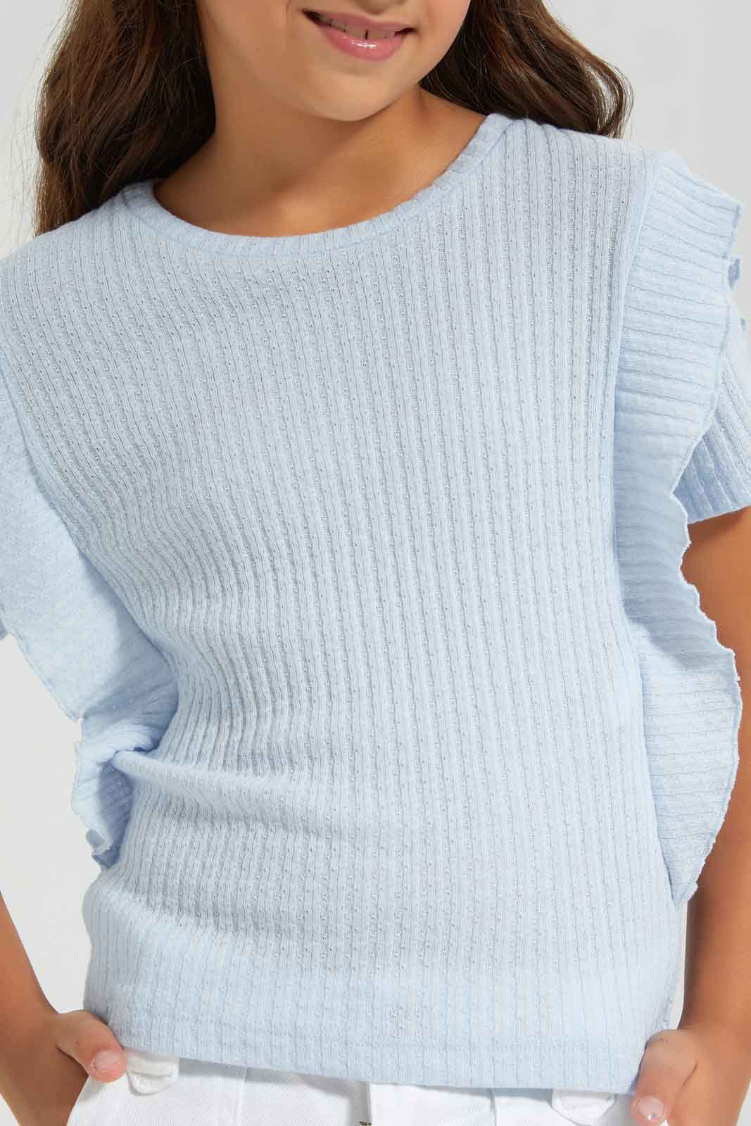 Redtag-Blue-T-Shirt-With-Front-Pleats-Category:T-Shirts,-Colour:Blue,-Deals:New-In,-Filter:Girls-(2-to-8-Yrs),-GIR-T-Shirts,-New-In-GIR-APL,-Non-Sale,-Section:Girls-(0-to-14Yrs),-W22A-Girls-2 to 8 Years