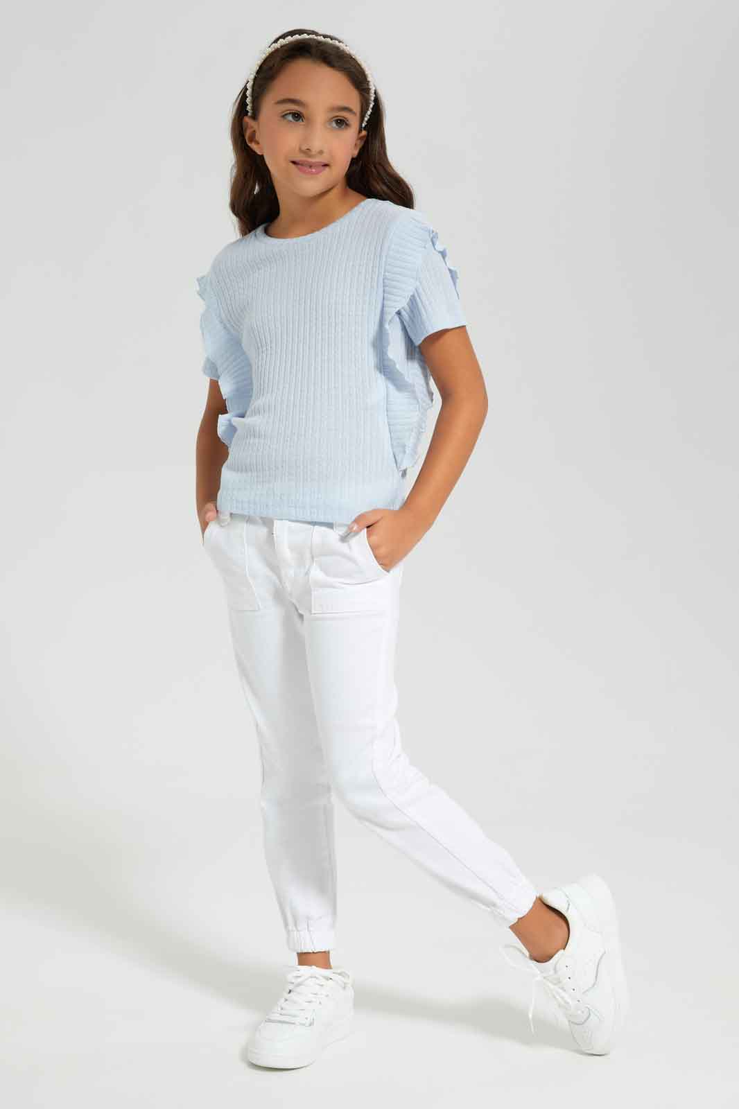 Redtag-Blue-T-Shirt-With-Front-Pleats-Category:T-Shirts,-Colour:Blue,-Deals:New-In,-Filter:Girls-(2-to-8-Yrs),-GIR-T-Shirts,-New-In-GIR-APL,-Non-Sale,-Section:Girls-(0-to-14Yrs),-W22A-Girls-2 to 8 Years