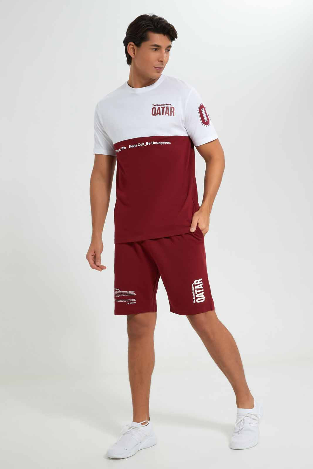 Redtag-Qatar-Football-World-Cup-Shorts-Category:Joggers,-Colour:Burgundy,-Deals:New-In,-Filter:Men's-Clothing,-Men-Joggers,-New-In-Men-APL,-Non-Sale,-Section:Men,-W22B-Men's-