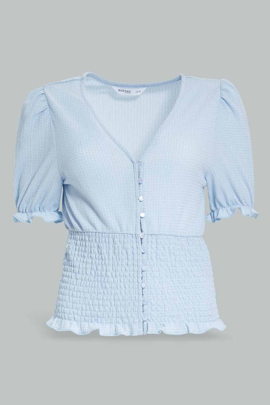 Redtag-Puff-Sleeve-Shirred-Waist-Top-Category:Tops,-Colour:Blue,-Deals:New-In,-Filter:Women's-Clothing,-New-In-Women-APL,-Non-Sale,-Section:Women,-W22A,-Women-Tops-Women's-