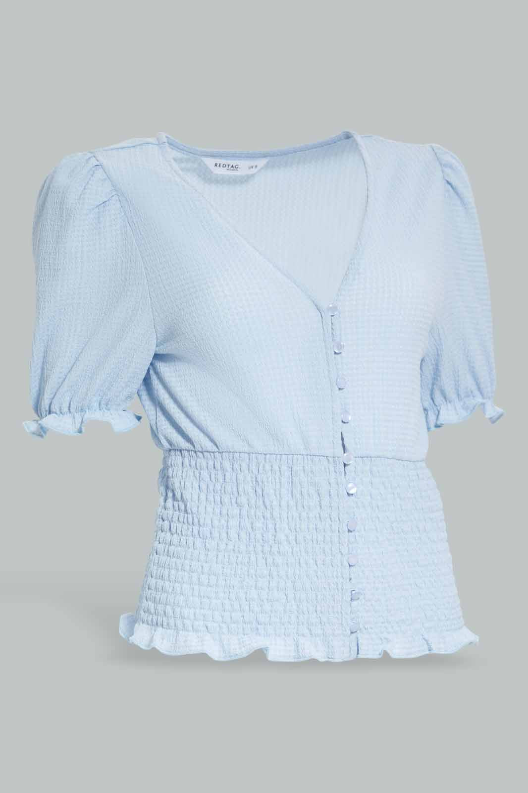 Redtag-Puff-Sleeve-Shirred-Waist-Top-Category:Tops,-Colour:Blue,-Deals:New-In,-Filter:Women's-Clothing,-New-In-Women-APL,-Non-Sale,-Section:Women,-W22A,-Women-Tops-Women's-
