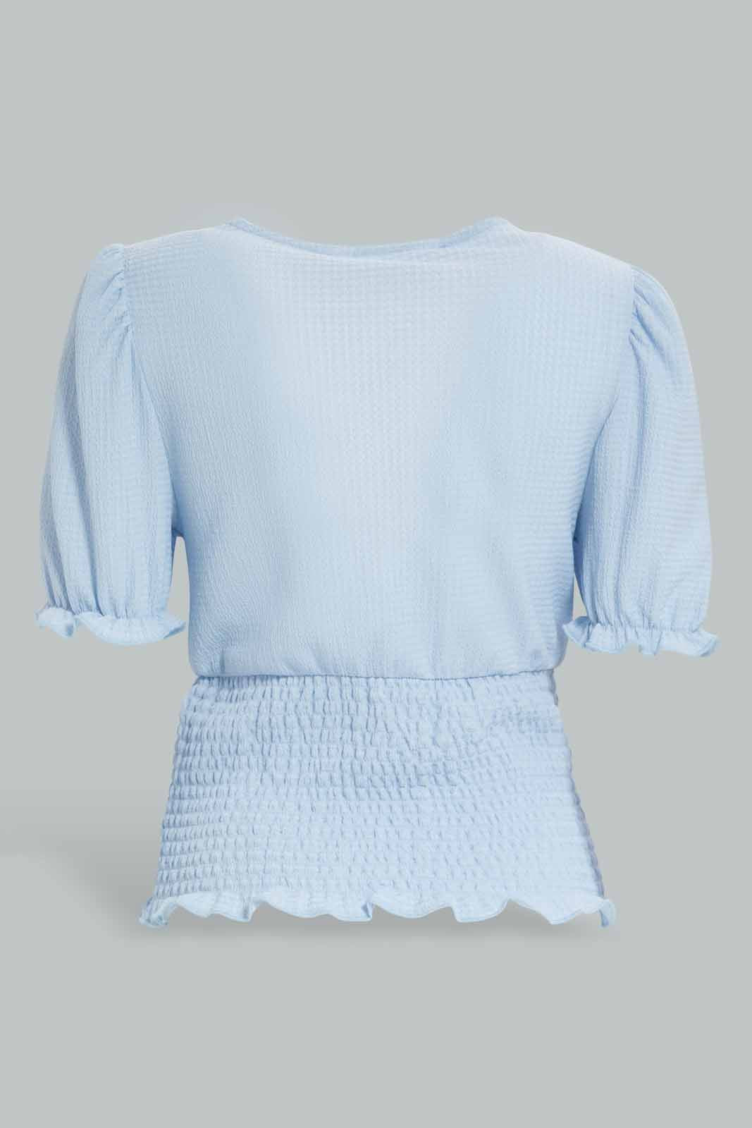 Redtag-Puff-Sleeve-Shirred-Waist-Top-Category:Tops,-Colour:Blue,-Deals:New-In,-Filter:Women's-Clothing,-New-In-Women-APL,-Non-Sale,-Section:Women,-W22A,-Women-Tops-Women's-