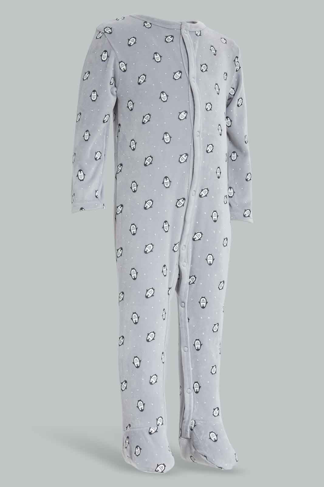 Redtag-Grey-AOP-Penguin-Velour-Sleepsuit-Category:Sleepsuits,-Colour:Grey,-Deals:New-In,-Dept:New-Born,-Filter:Baby-(0-to-12-Mths),-NBB-Sleepsuits,-New-In-NBB-APL,-Non-Sale,-Section:Boys-(0-to-14Yrs),-W22B-Baby-0 to 12 Months