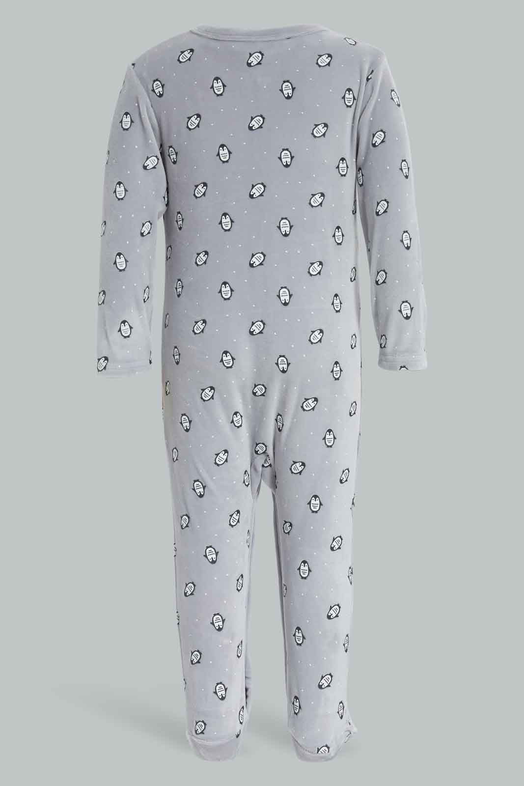 Redtag-Grey-AOP-Penguin-Velour-Sleepsuit-Category:Sleepsuits,-Colour:Grey,-Deals:New-In,-Dept:New-Born,-Filter:Baby-(0-to-12-Mths),-NBB-Sleepsuits,-New-In-NBB-APL,-Non-Sale,-Section:Boys-(0-to-14Yrs),-W22B-Baby-0 to 12 Months