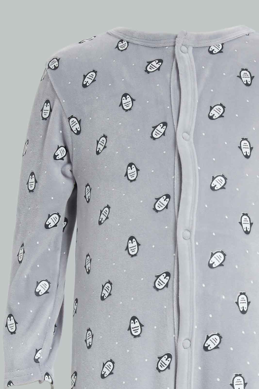 Redtag-Grey-AOP-Penguin-Velour-Sleepsuit-Category:Sleepsuits,-Colour:Grey,-Deals:New-In,-Dept:New-Born,-Filter:Baby-(0-to-12-Mths),-NBB-Sleepsuits,-New-In-NBB-APL,-Non-Sale,-Section:Boys-(0-to-14Yrs),-W22B-Baby-0 to 12 Months