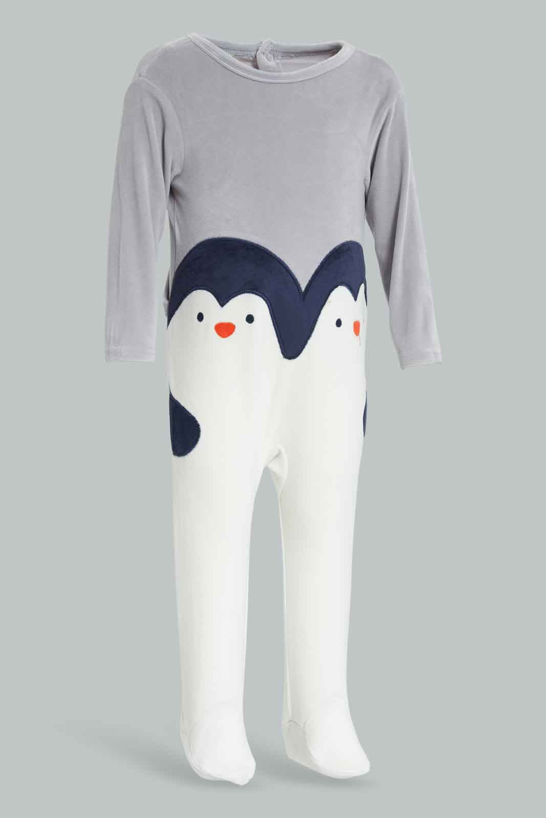 Redtag-Grey-Penguin-Velour-Sleepsuit-Category:Sleepsuits,-Colour:Grey,-Deals:New-In,-Dept:New-Born,-Filter:Baby-(0-to-12-Mths),-NBB-Sleepsuits,-New-In-NBB-APL,-Non-Sale,-Section:Boys-(0-to-14Yrs),-W22B-Baby-0 to 12 Months