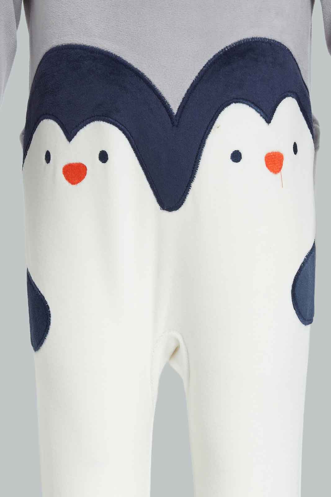 Redtag-Grey-Penguin-Velour-Sleepsuit-Category:Sleepsuits,-Colour:Grey,-Deals:New-In,-Dept:New-Born,-Filter:Baby-(0-to-12-Mths),-NBB-Sleepsuits,-New-In-NBB-APL,-Non-Sale,-Section:Boys-(0-to-14Yrs),-W22B-Baby-0 to 12 Months