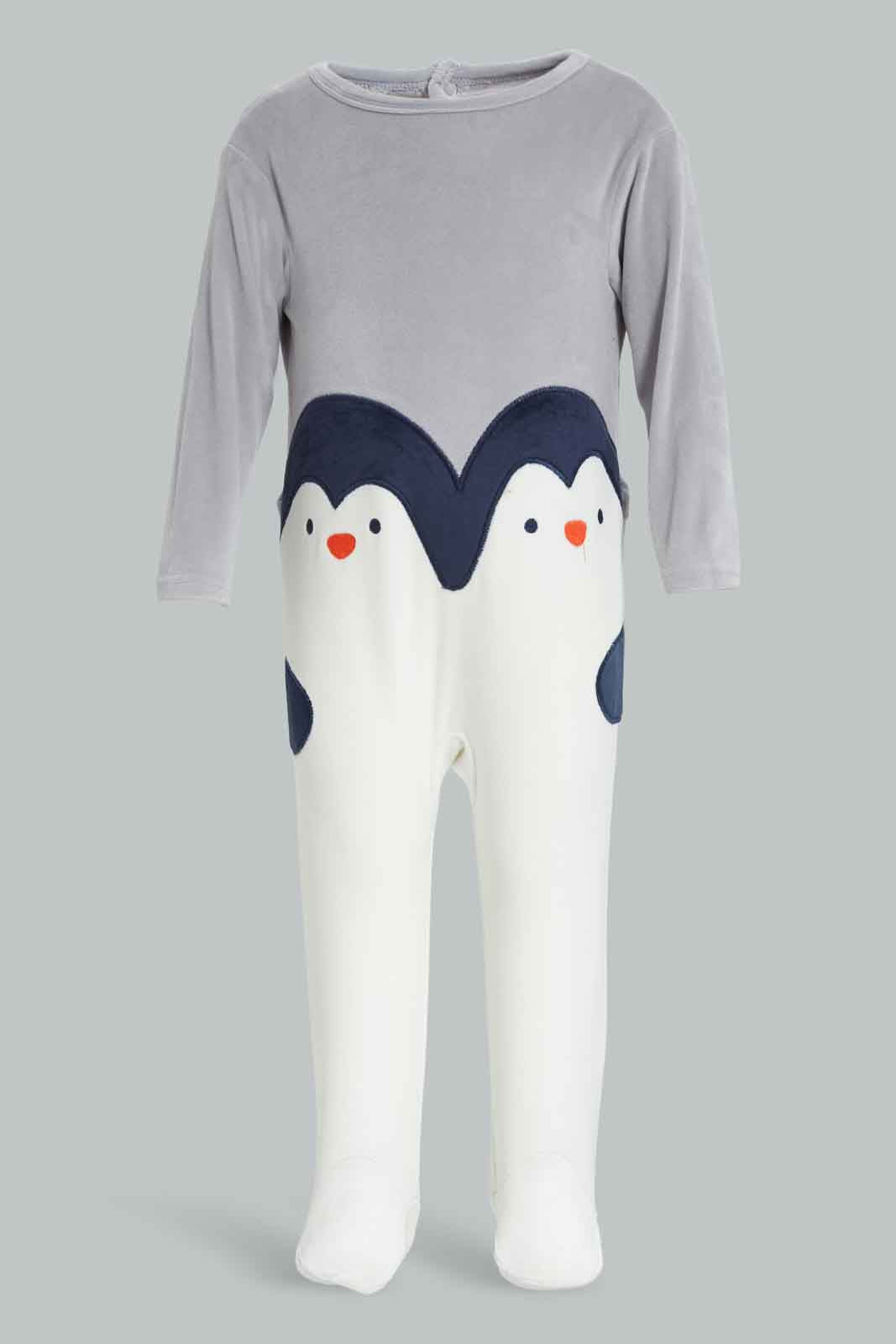 Redtag-Grey-Penguin-Velour-Sleepsuit-Category:Sleepsuits,-Colour:Grey,-Deals:New-In,-Dept:New-Born,-Filter:Baby-(0-to-12-Mths),-NBB-Sleepsuits,-New-In-NBB-APL,-Non-Sale,-Section:Boys-(0-to-14Yrs),-W22B-Baby-0 to 12 Months