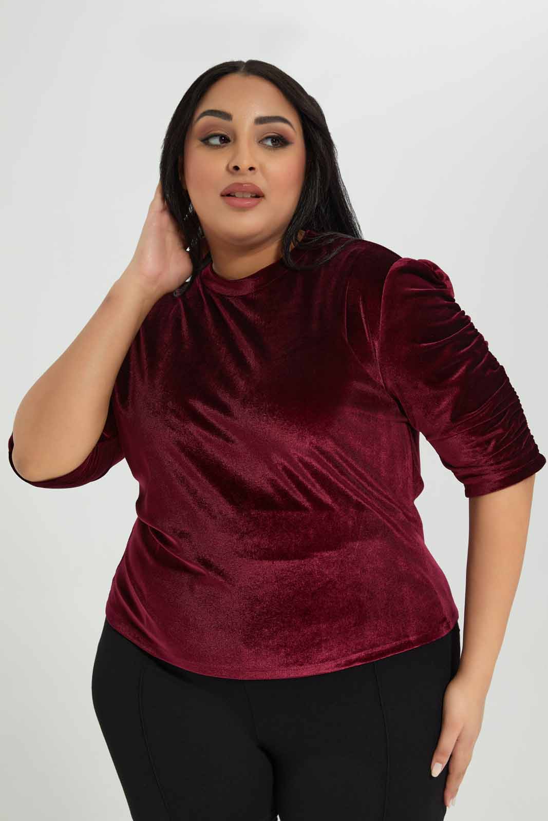 Redtag-Mauve-Highneck-Puff-Sleeve-Top-Category:Tops,-Colour:Mauve,-Deals:New-In,-Filter:Plus-Size,-LDP-Tops,-New-In-LDP-APL,-Non-Sale,-Section:Women,-W22A-Women's-