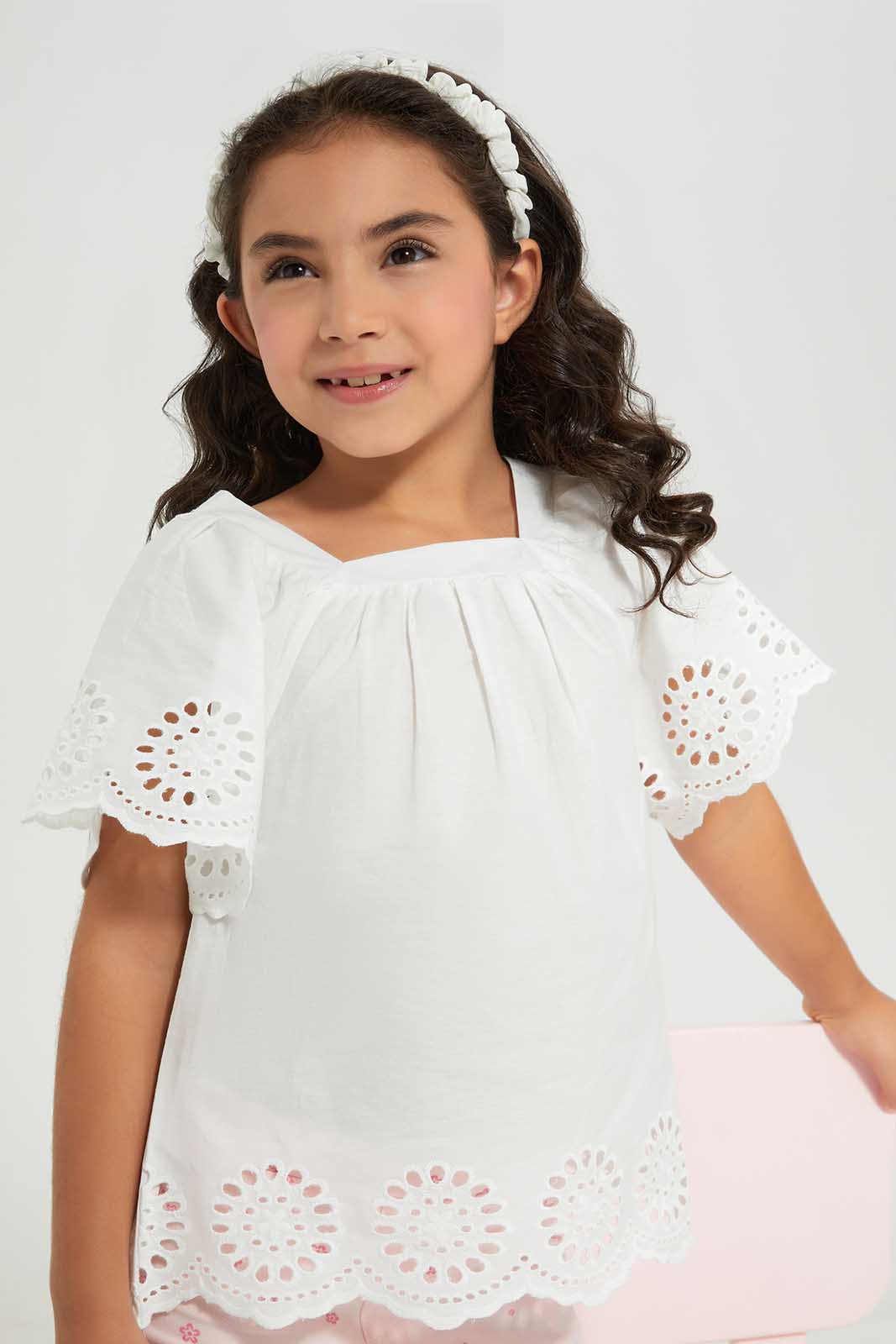 Girls White Schiffli Blouse