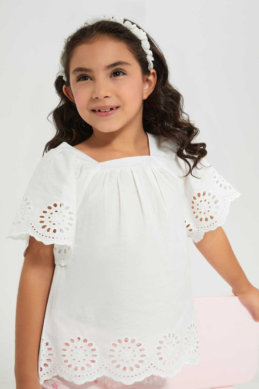 Girls White Schiffli Blouse
