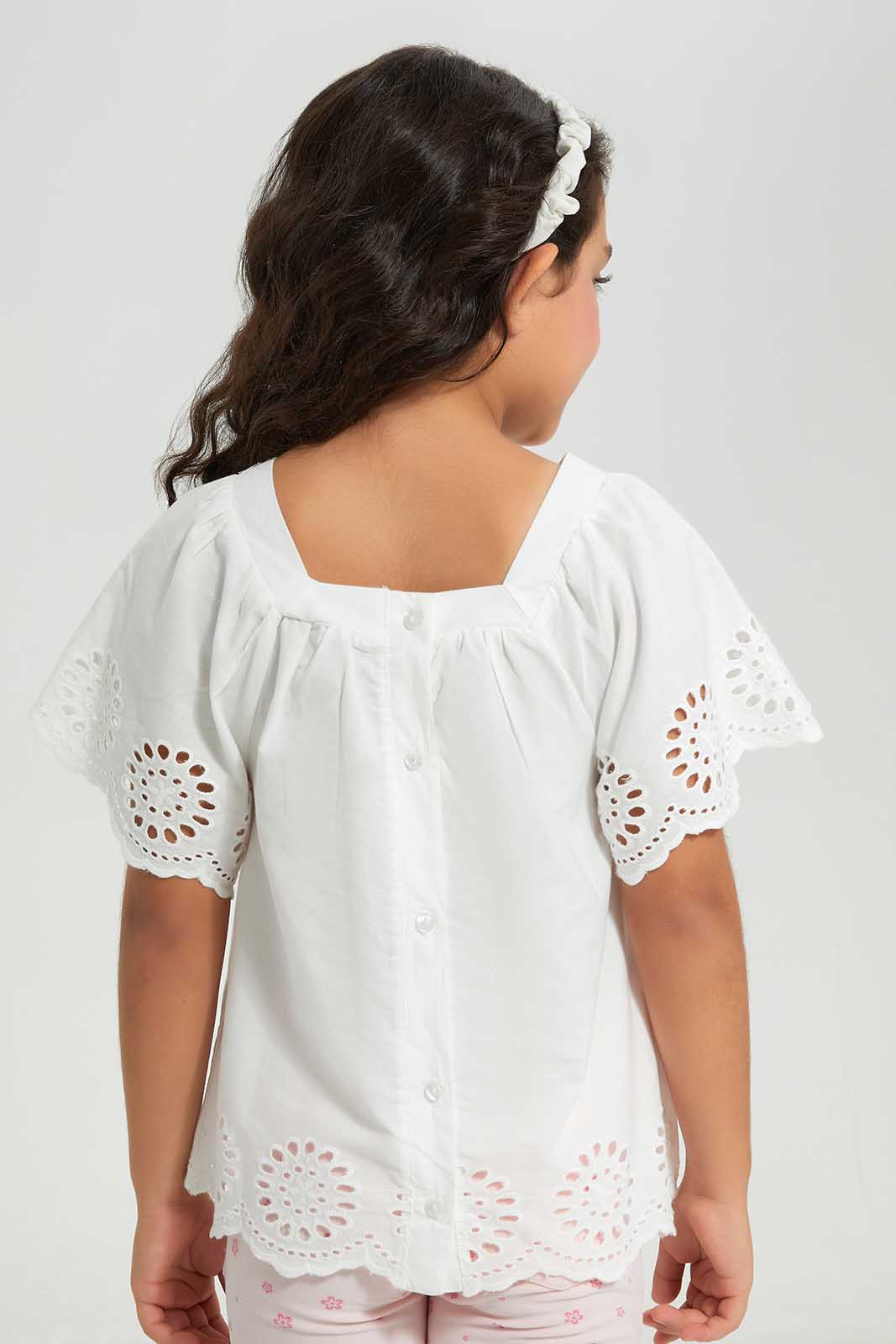 Girls White Schiffli Blouse