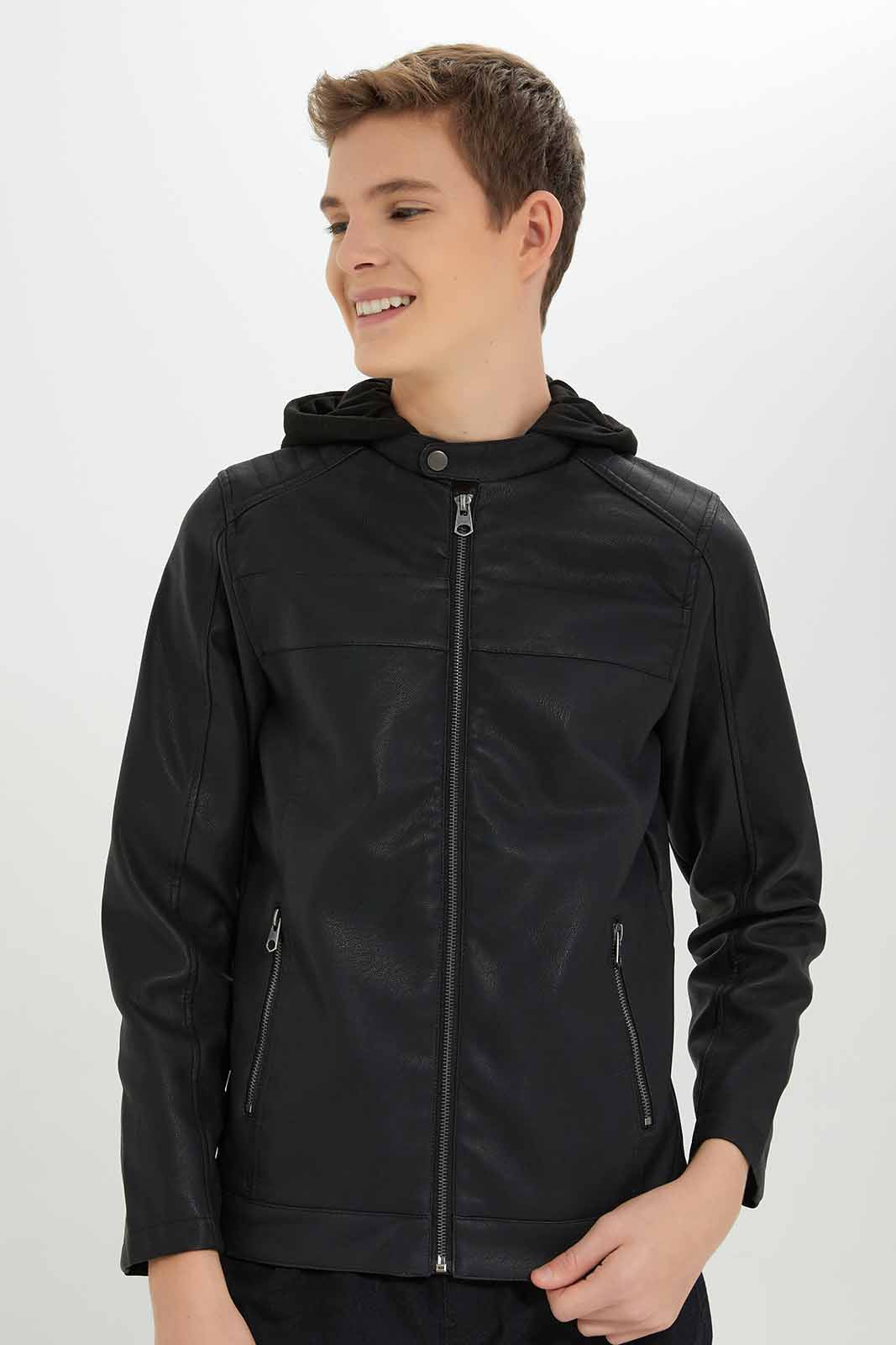 Redtag-Black-PU-Jacket-With-Hood-BSR-Jackets,-Category:Jackets,-Colour:Black,-Deals:New-In,-Dept:Boys,-Filter:Senior-Boys-(8-to-14-Yrs),-New-In-BSR-APL,-Non-Sale,-Section:Boys-(0-to-14Yrs),-W22B-Senior-Boys-9 to 14 Years