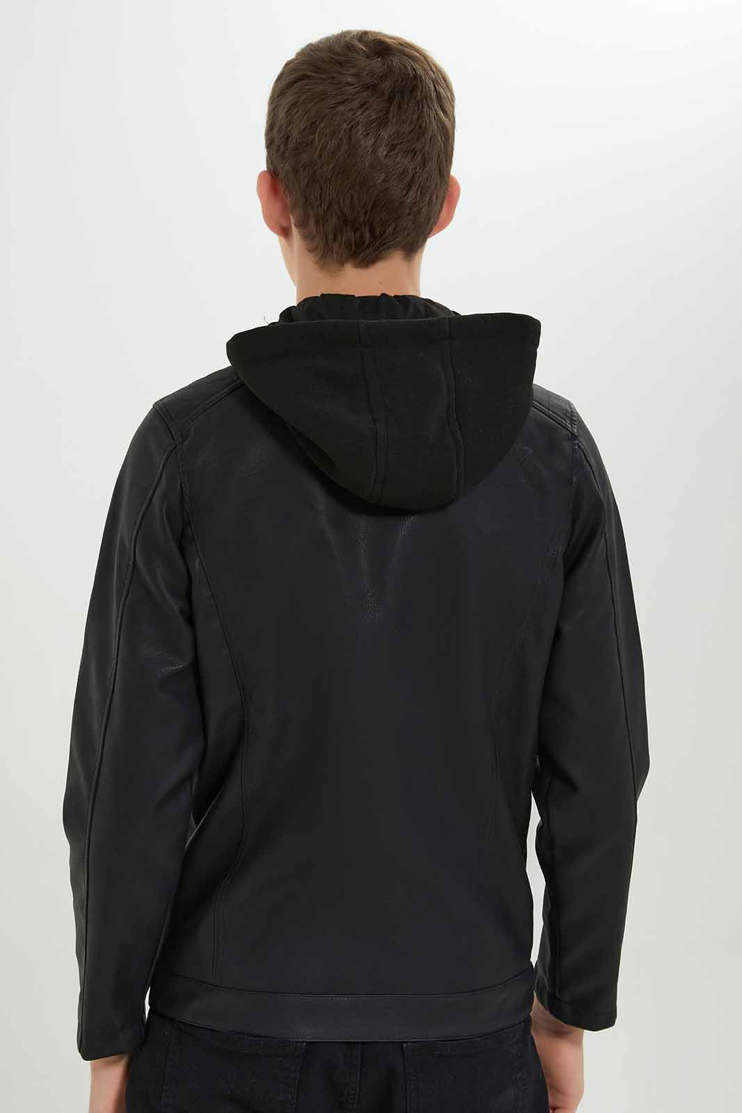 Redtag-Black-PU-Jacket-With-Hood-BSR-Jackets,-Category:Jackets,-Colour:Black,-Deals:New-In,-Dept:Boys,-Filter:Senior-Boys-(8-to-14-Yrs),-New-In-BSR-APL,-Non-Sale,-Section:Boys-(0-to-14Yrs),-W22B-Senior-Boys-9 to 14 Years