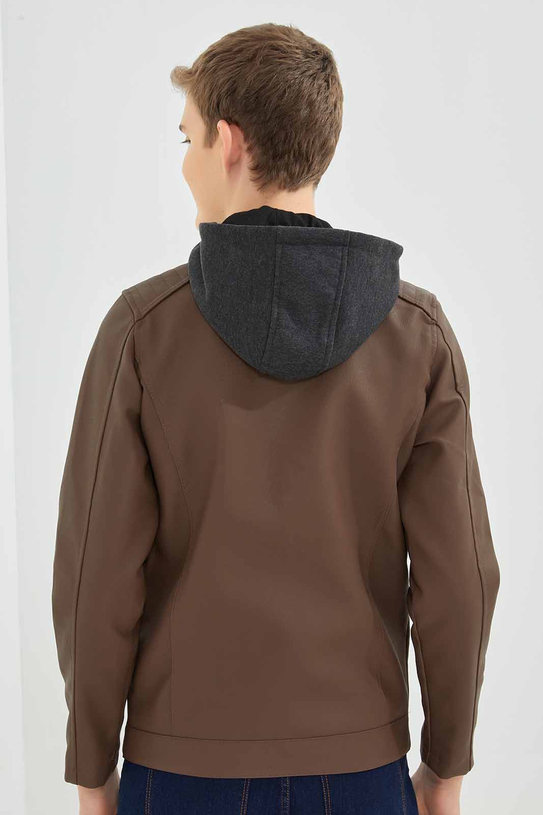 Redtag-Brown-PU-Jacket-With-Hood-BSR-Jackets,-Category:Jackets,-Colour:Brown,-Deals:New-In,-Dept:Boys,-Filter:Senior-Boys-(8-to-14-Yrs),-New-In-BSR-APL,-Non-Sale,-Section:Boys-(0-to-14Yrs),-W22B-Senior-Boys-9 to 14 Years