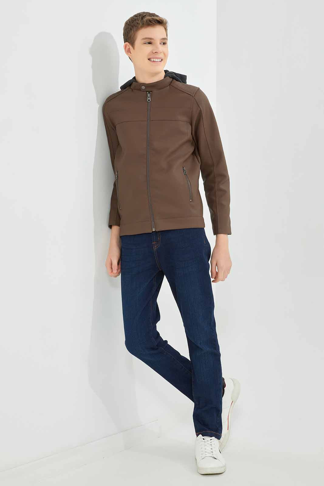 Redtag-Brown-PU-Jacket-With-Hood-BSR-Jackets,-Category:Jackets,-Colour:Brown,-Deals:New-In,-Dept:Boys,-Filter:Senior-Boys-(8-to-14-Yrs),-New-In-BSR-APL,-Non-Sale,-Section:Boys-(0-to-14Yrs),-W22B-Senior-Boys-9 to 14 Years