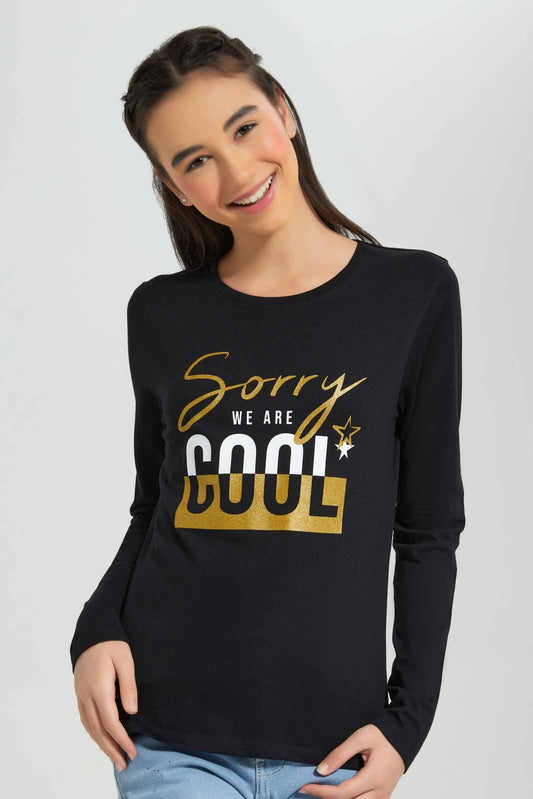 Redtag-Black-L/s-Placement-Print-Top-Category:T-Shirts,-Colour:Black,-Deals:New-In,-Filter:Senior-Girls-(8-to-14-Yrs),-GSR-T-Shirts,-New-In-GSR-APL,-Non-Sale,-Section:Girls-(0-to-14Yrs),-TBL,-W22B-Senior-Girls-9 to 14 Years