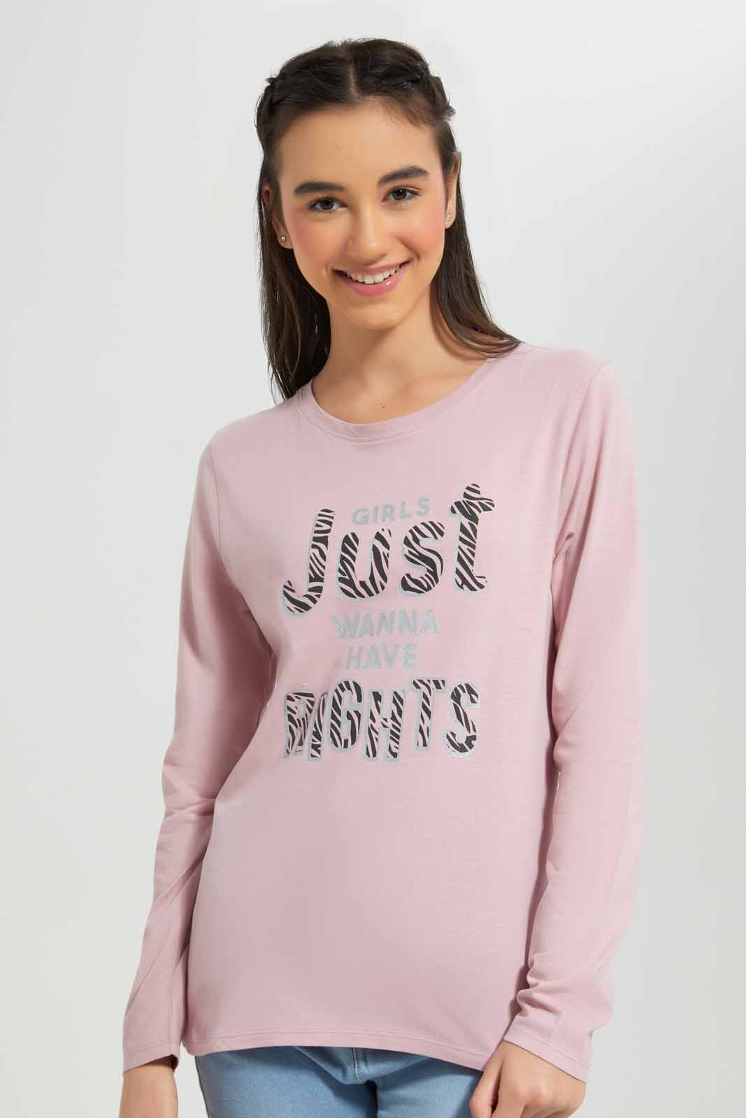 Redtag-Pink-L/s-Placement-Print-Top-Category:T-Shirts,-Colour:Apricot,-Deals:New-In,-Filter:Senior-Girls-(8-to-14-Yrs),-GSR-T-Shirts,-New-In-GSR-APL,-Non-Sale,-Section:Girls-(0-to-14Yrs),-TBL,-W22B-Senior-Girls-9 to 14 Years