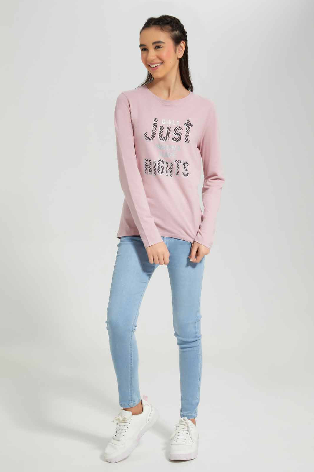 Redtag-Pink-L/s-Placement-Print-Top-Category:T-Shirts,-Colour:Apricot,-Deals:New-In,-Filter:Senior-Girls-(8-to-14-Yrs),-GSR-T-Shirts,-New-In-GSR-APL,-Non-Sale,-Section:Girls-(0-to-14Yrs),-TBL,-W22B-Senior-Girls-9 to 14 Years