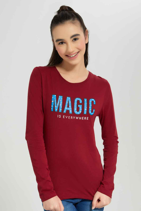 Redtag-Burgundy-L/s-Placement-Print-Top-Category:T-Shirts,-Colour:Burgundy,-Deals:New-In,-Dept:Girls,-Filter:Senior-Girls-(8-to-14-Yrs),-GSR-T-Shirts,-New-In-GSR-APL,-Non-Sale,-Section:Girls-(0-to-14Yrs),-TBL,-W22B-Senior-Girls-9 to 14 Years