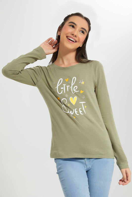 Redtag-Olive-L/s-Placement-Print-Top-Category:T-Shirts,-Colour:Olive,-Deals:New-In,-Filter:Senior-Girls-(8-to-14-Yrs),-GSR-T-Shirts,-New-In-GSR-APL,-Non-Sale,-Section:Girls-(0-to-14Yrs),-TBL,-W22B-Senior-Girls-9 to 14 Years