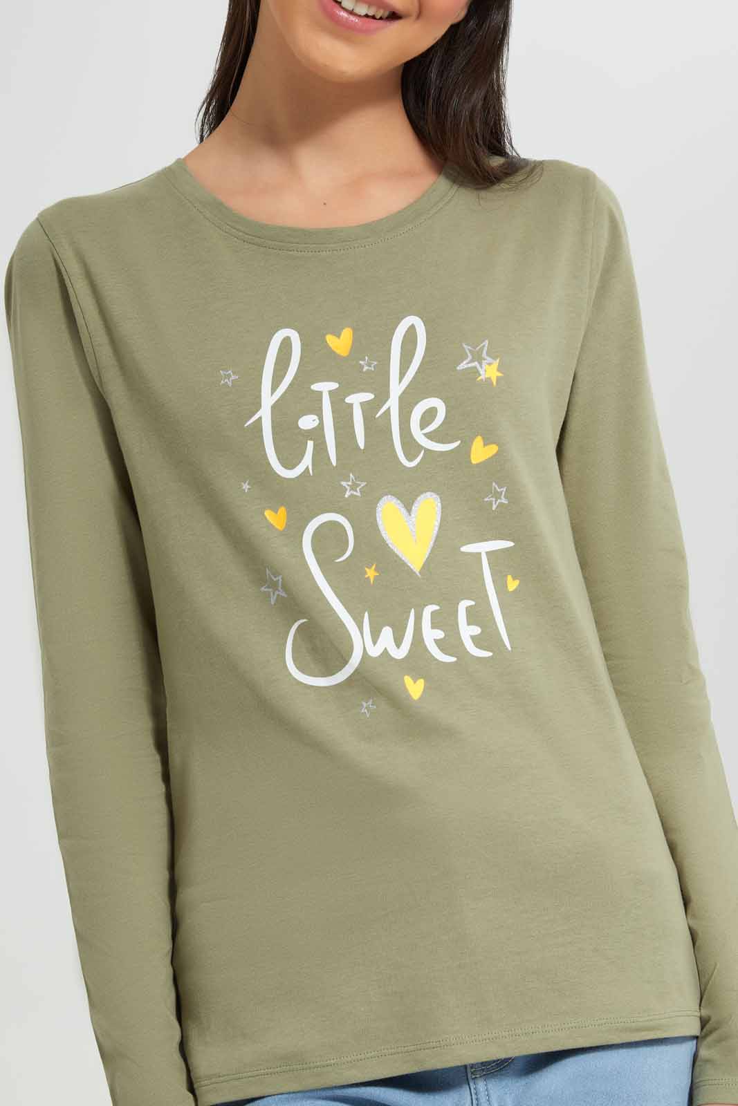 Redtag-Olive-L/s-Placement-Print-Top-Category:T-Shirts,-Colour:Olive,-Deals:New-In,-Filter:Senior-Girls-(8-to-14-Yrs),-GSR-T-Shirts,-New-In-GSR-APL,-Non-Sale,-Section:Girls-(0-to-14Yrs),-TBL,-W22B-Senior-Girls-9 to 14 Years